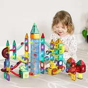 186PCS Magnetic Tiles Blocks,Dinosaur Track Set with Marble Run Tiles, Building Toys Set for Kids, Playset STEM Learning Kit Brain Development Educational Toys Children Gift Play Over 3 Years Old