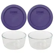Pyrex (2) 7202 Round Glass Food Storage Bowls & (2) 7202-PC Plum Purple Lids