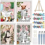 NAIMOER 4Pack Framed Paint by Numbers Animals, for Adults Kids, DIY Animals on The Toilet Read News Painting by Numbers with Frame Wooden Holder,Art on Canvas Gifts Home Wall Decor 20x30cm