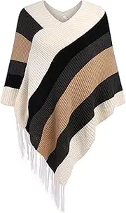 [IN'VOLAND] Women's Knitted Shawl Poncho with Fringed Capelet V-Neck Striped Sweater Pullover Cape