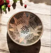 Studio Art Pottery Brown Colander Handmade Stoneware Berry Bowl 9"