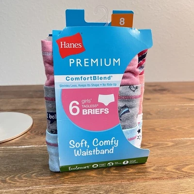 Hanes Premium-Girls 6pk Tagless Briefs-Size 8 ComfortBlend Shrinks Less