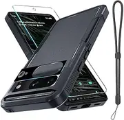 for Google Pixel 8 Case, Full Body Heavy Duty Rugged Shockproof Protective Phone Cover with Wrist Lanyard Strap, Tempered Glass Screen Protector and Camera Lens Cover, Black Matte