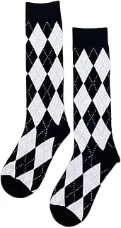 Haiki Women Black White Socks Argyle Student Stockings
