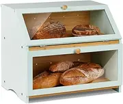 [HOMEKOKO] Double Layers Large Bread Box for Kitchen Counter, Wooden Large Capacity Bamboo Bread Food Storage Bin - Mint Green