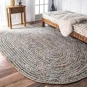 [Aizza Trends] Indian Handmade Braided Jute with Denim Cotton Area Rug-Floor Carpet Rug-Bed Side Runner Rug-Doormat Rug - 5 x 7 Feet Oval (150 cm x 210 cm)