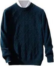 [Hamthuit] Men's O-Neck Diamond Grid Pullover Soft Sweater Casual Thick Crew Neck Long Sleeve Sweater