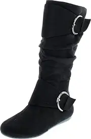 [Forever Link] Klein-70 Women's Closed Round Toe Buckle Slouch Flat Heel Mid-Calf Boot
