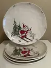 ELI + ANA Whimsy Santa Skiing Christmas Holiday Ceramic Dinner Plate Set/4 NEW