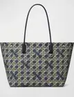 Tory Burch Basketweave Canvas/ Leather Handles Tote Bag Navy NWT A Great Gift