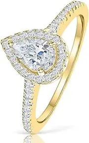 [AoJun] 14K Gold Vermeil S925 Sterling Silver 1.5CT Pear Shaped Cubic Zirconia Promise Halo Engagement Promise Eternity Ring for Women