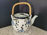 Japanese Loose Leave Teapot Handle Blue Cherry Blossoms Hobnail Strainer Japan