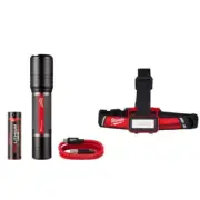 Milwaukee Slide Focus Flashlight 2000 Lumens Rechargeable w/ Hard Hat Headlamp