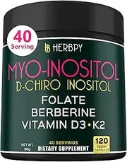 Herbpy 6in1 Premium 40:1 Myo-Inositol & D-Chiro Inositol Supplement for Women with Folate, Berberine HCl 97%, Vitamin D3 & K2-120 Vegan Capsules