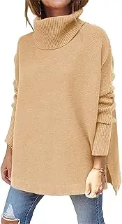 [Suhorseful] Women's Oversized Turtleneck Sweater Fall Long Batwing Sleeve Loose Knit Spilt Hem Tunic Pullover Tops