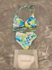 Emilio Pucci Women's Bikini Swimwear Top/ Bottom Blue Yellow Abstract Sz Medium