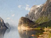 FJORD by A. Normann river mountains Tile Mural Kitchen Backsplash Ceramic 10x8