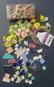 Lot of Craft Items Beads Ceremic Tiles Jewelry Making Junk Journaling