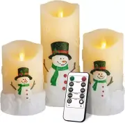 Snowman LED Candles Battery Operated Pillar with Remote Christmas Pack of 3