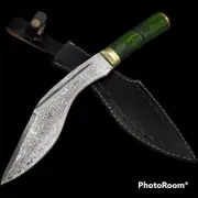 handmade Damascus Kukri Gurkha Knife Damascus Steel Green Wood Handle And Sheath