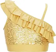 [Jugaoge] Kids Girls Asymmetrical Shoulder Dance Top Shiny Sequin Ruffle Dance Perfrmance Crop Top