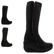 Womens Fly London Jate Leather Winter Fashion Wedge Heel Knee High Boots Black UK 6