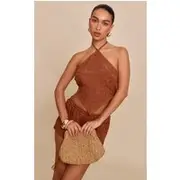 Burnt Orange Textured Embroidered Halterneck Tie Back Top, Burnt Orange
