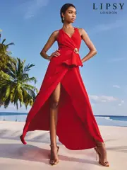Lipsy Red Petite Plunge Halter Trim Wrap Midi Dress (F14861) | $226