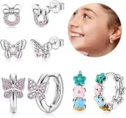 [Adramata] 4 Pairs 925 Sterling Silver Stud Earrings for Women Girls Butterfly Heart Cartilage Earrings Set Hypoallergenic Hoop Earrings Stud Earrings Set
