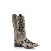 Corral Ladies Brown Inlay, Flowered Embroidery & Studs Boots A3648