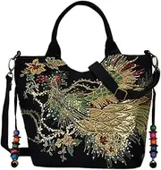 Women Shoulder Bag Peacock Embroidered Shiny Sequins Zipper Canvas Tote Bag BBZY