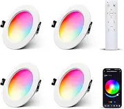4 LED Recessed Spotlights, RGBW, Dimmable, 10 W with Remote Control, Recessed Lights, Bluetooth App, Colour Changing RGB + Warm White + Cool White Ceiling Spotlight, Round LED Downlight, 230 V for