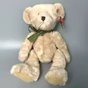 NWT Russ Corky Cream Beige Teddy Bear 15" Plush Green Ribbon