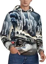 [SKKNT] Steam Train Clouds Print Men Hoodie Full Size Range Casual Long Sleeve Sweatshirt With Pockets Breathable