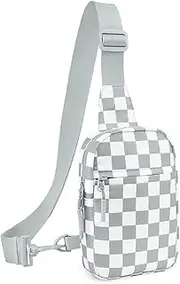 [kuifang] Small Checkered Crossbody Sling Bag Chest Bag Water Resistant Fanny Pack Running Phone Holder for Women Men Workout Travelling Hiking, Light Gray, Medium, Fashion