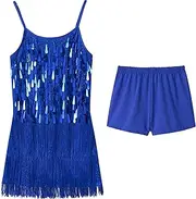 LOLANTA Girls Sequin Fringe Dance Costume, Kids Salsa Rumba Latin Dancing Clothes Set, Sparkling Sleeveless Tassel Dance Mini Dress with Shorts