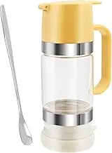 Glass Honey Dispenser Pot - 300ml Easy Refill Syrup Dispenser Jar with Handle and Spoon Honey, Jar Clear Maple Syrup Dispenser, No Drip Honey Container Pot for Honey Syrup (Yellow)