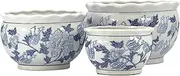 Galt International Blue & White Round Floral Porcelain Ceramic Plant Flower Planter Pot Set of 3 (8", 10", 12") Garden Pots Chinese Asian Design