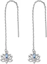 [BlissfulDestiny] Sterling Silver Lotus Flower Threader Earrings, Blue Crystal, S925, 9x8mm