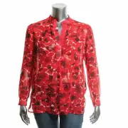 ANNE KLEIN Size 6 Long Sleeve Printed Chiffon Blouse Shirt Top RED
