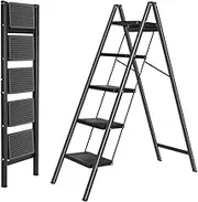Step Ladder 5 Step Ladder Lightweight Foldable Ladder with Non-Slip Wide Pedals Stepladder with Safe Handrail Space Saving，Black Folding Step Stool