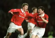 Ole Gunnar Solskj�r of Manchester United celebrates with teammate - Old Photo