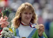 Steffi Graf of Germany on the podium after winning the gold medal - Old Photo