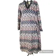 Anne Klein Size Medium Gray Pink Nordic Hooded Pullover Fleece Long Robe NWT