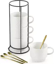 3 OZ. Espresso Cups with Saucers Set and 13 Oz.Stackable Coffee Mugs Set