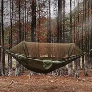 Camping Hammock with Net, Lightweight Portable Double Parachute Hammocks, 210T Nylon, High Capacity and Tear Resistance, Perfect for Camping, Backyard Relaxation (ArmyGreen)