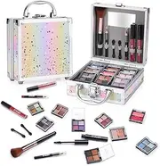 YBUETE Beginner Makeup Kit for Teen Girl Women, Makeup Present for Her, Set with Cosmetic Train Case Included Eyeshadow Blush Lip Gloss Lip Liner Mascara Eyeliner Mirror (Pink)