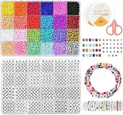 7200pcs Bead Set: 6000x 4mm Glass Seed Beads (24 Colours), 1200 Letter Beads, Elastic String - Jewelry, Friendship Bracelets, Craft Gift