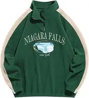 [ZAFUL] Mens Colorblock Fuzzy Pullover Sweatshirt Stand Collar Quarter Zip Niagara Falls Graphic Fleece Fluffy Vintage Hoodie