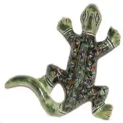 Wall Hanging Tiny Gecko Hand-Made Mexican Talavera Green Peacock Ceramic Lizard